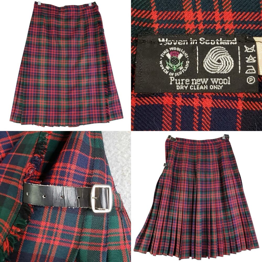 Vintage The Scotch Red Tartan Wool Kilt Skirt Belted Pleated Size L/XL 30”